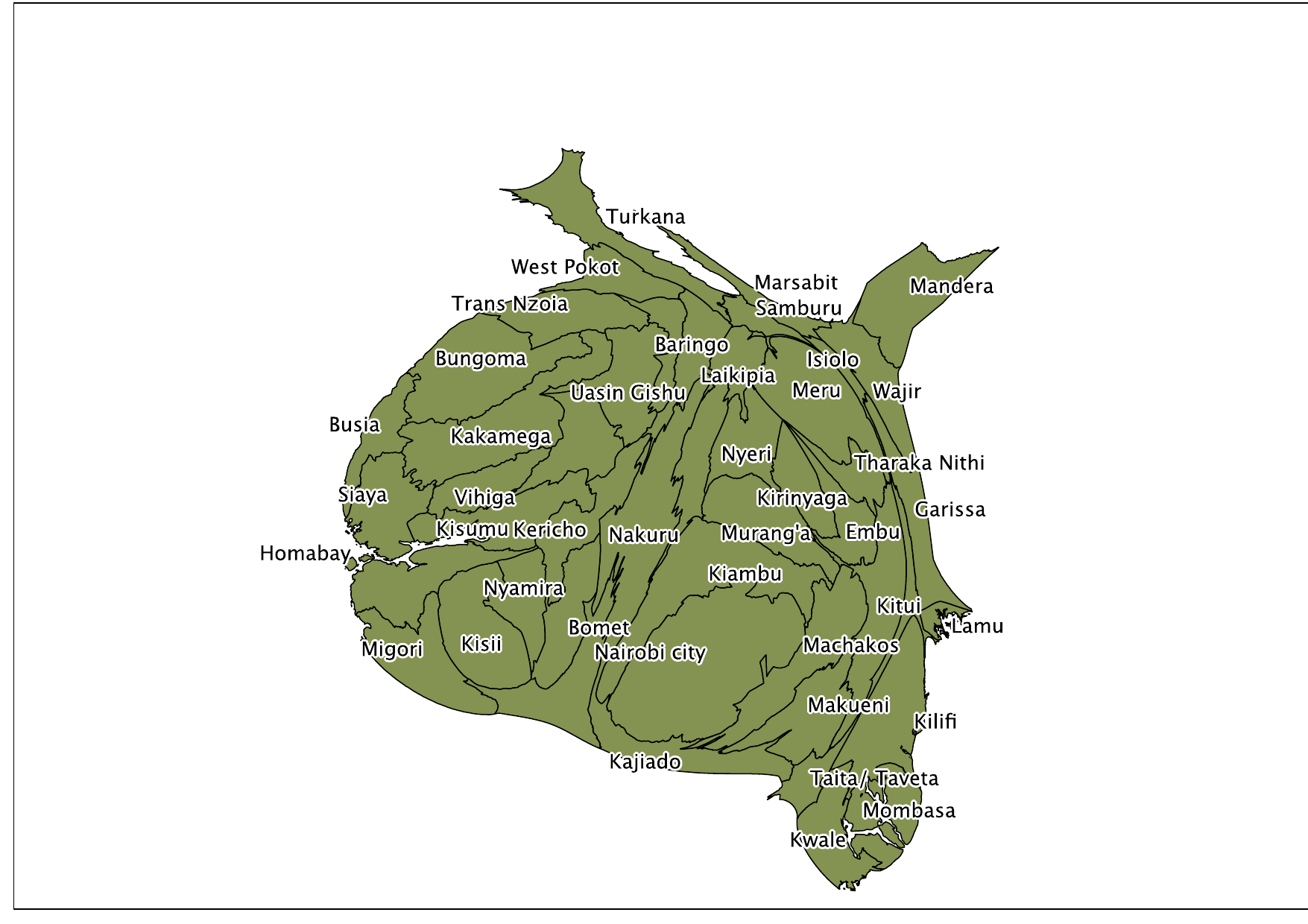 Cartogram of Kenya's counties distorted by voting-age population; the arid northern counties shrink while the highlands, Nairobi, and the Lake Victoria west expand.